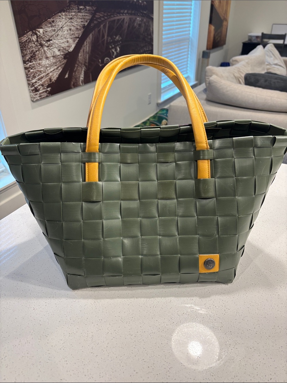 Handed By Recycled Woven Tote Bag – Olive Green & Mustard Yellow